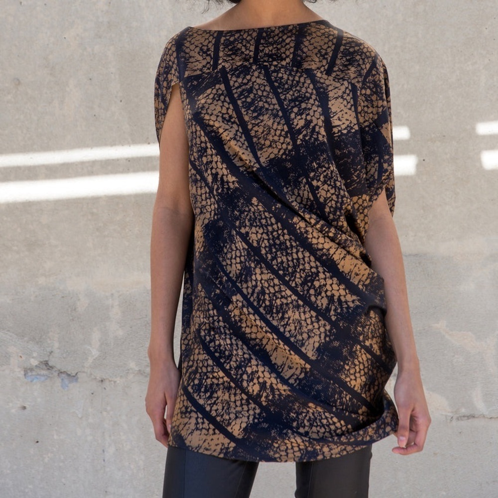 Zero + Maria Cornejo Bronze Draped Silk Tunic Top Mini Dress Sz M